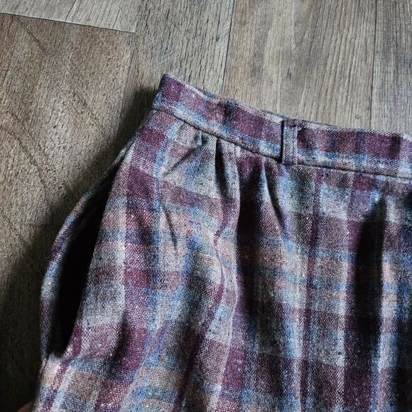 Vintage Wool Plaid A-Line Skirt Tartan Check High Waist 24" Lined Side Pockets - Picture 3 of 7